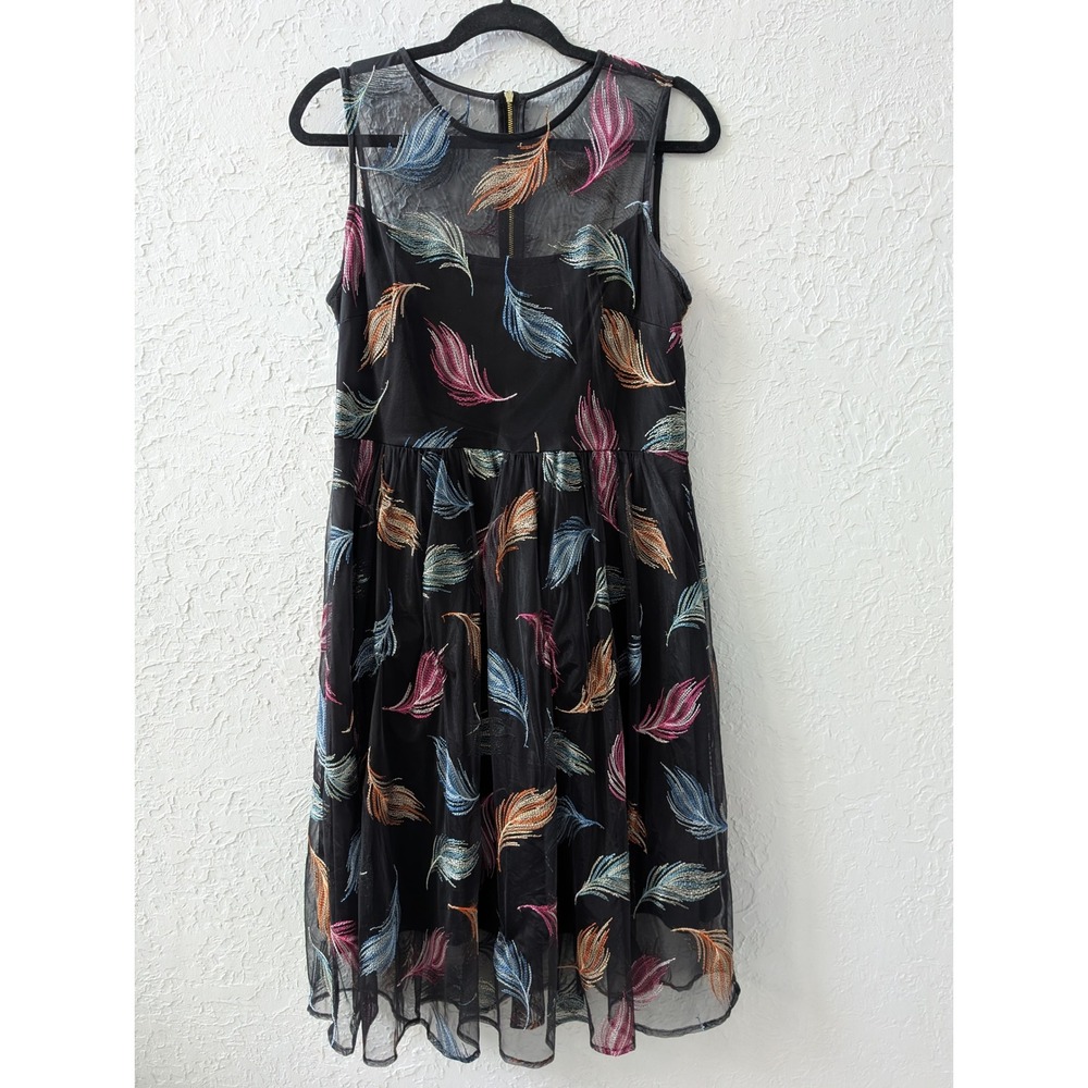 Calvin Klein Y2K Black Mesh Feather Embroidered Women 10 Fit & Flare Whimsigoth